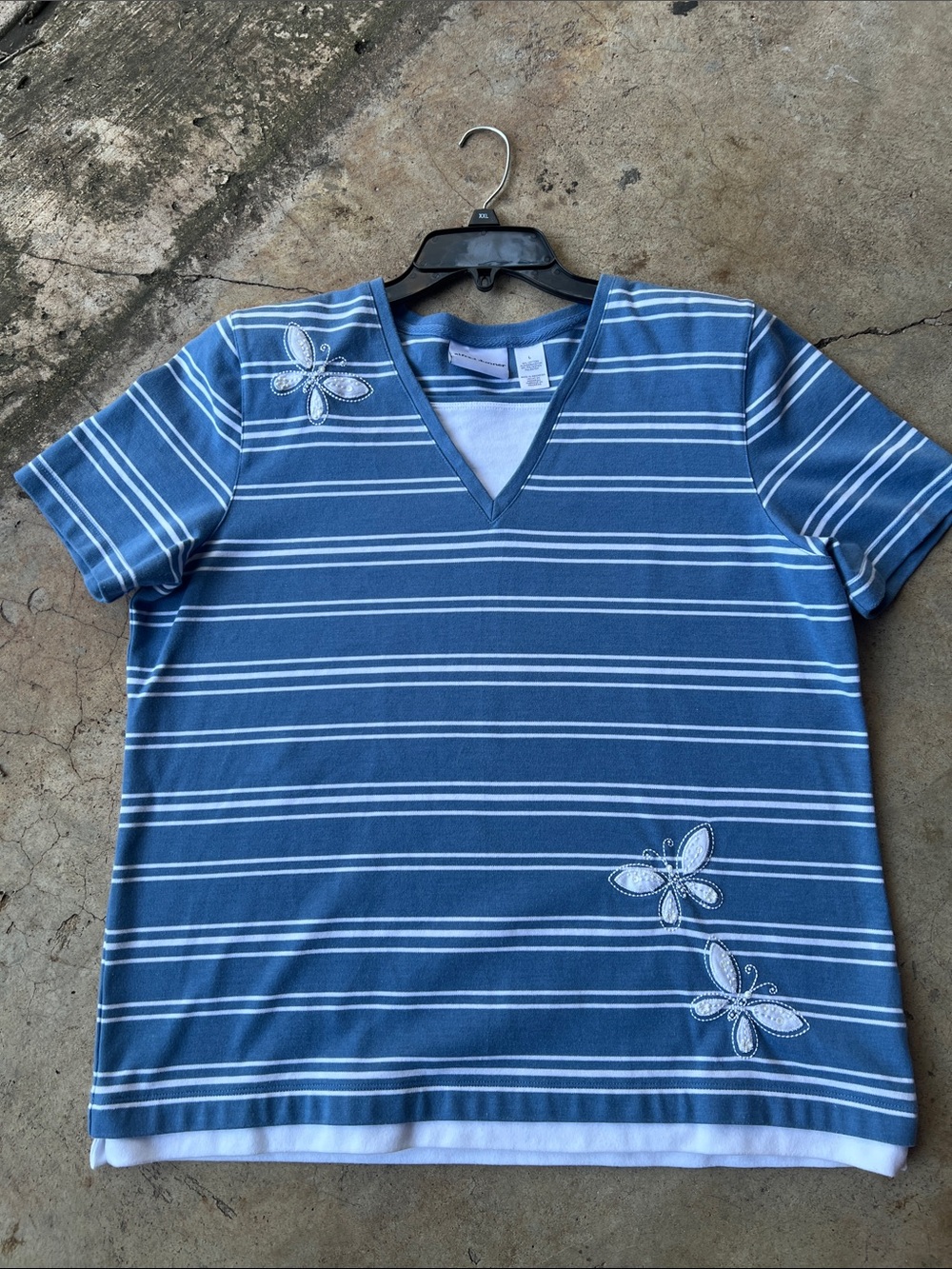 Blue Striped V-Neck Top with Butterfly Embroidery